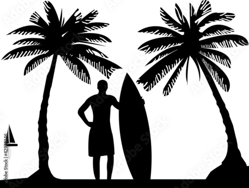 Beautiful young surfer man standing on the beach silhouett