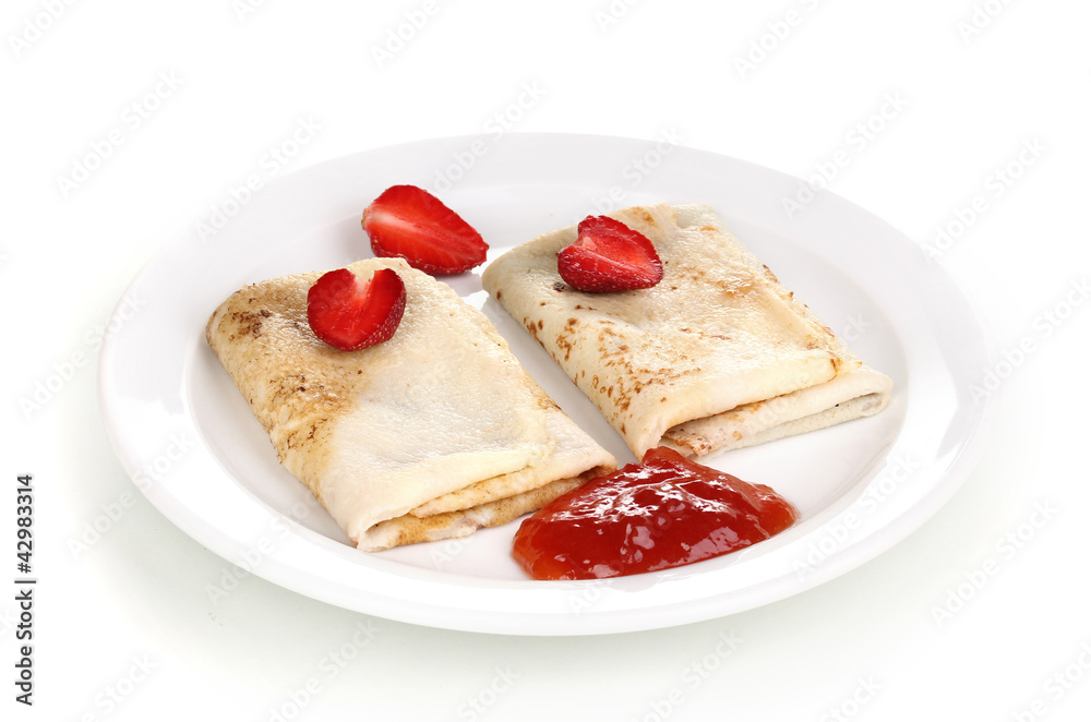 Stack of tasty pancakes isolated on white