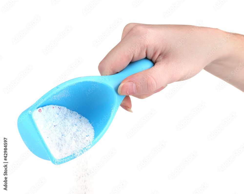 Obraz premium blue container with Washing powder in hand,isolated on white
