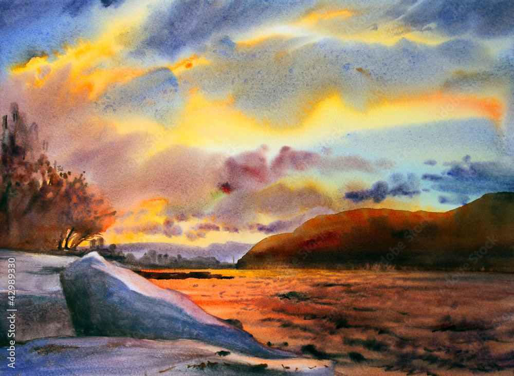Obraz premium Mountain landscape painted by watercolor