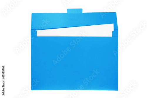 Open blue file folder with white paper inside.