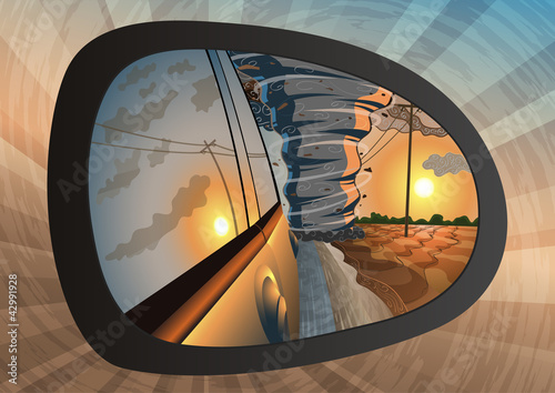 Fotografi Illustration of a tornado in rear-view mirror