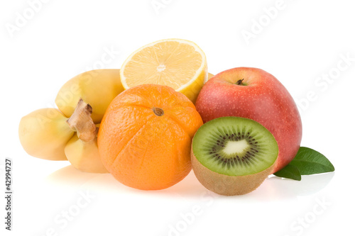 fresh fruits and slices isolated on white