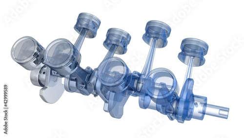 V8 engine pistons on a crankshaft, half x-ray version
