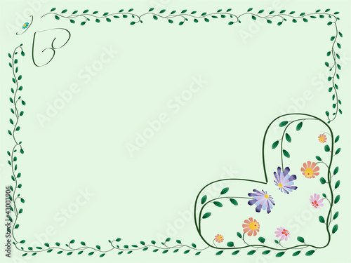 Frame with hearts and color flowers with leaves green illustrati