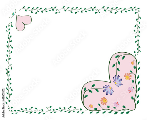 Frame with hearts and color flowers with leaves isolated on whit