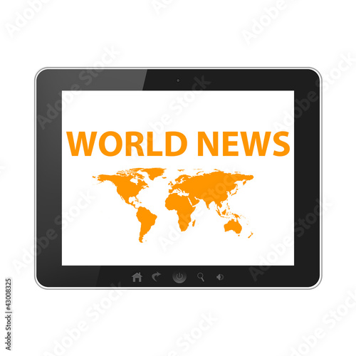Tablet pc with world news screen isolated on white background