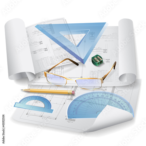 Architectural background with rolls of drawings