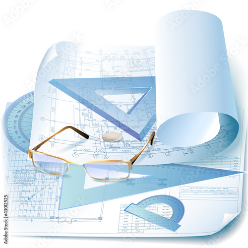 Architectural background with rolls of drawings