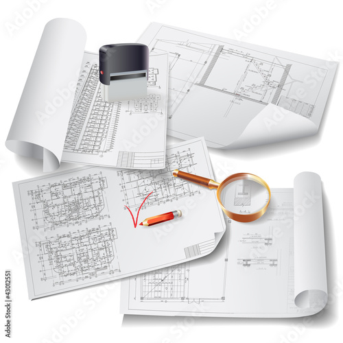 Architectural background with rolls of drawings