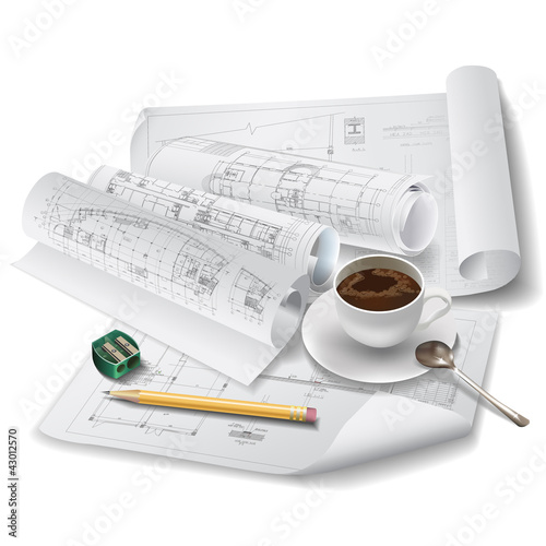 Architectural background with rolls of drawings