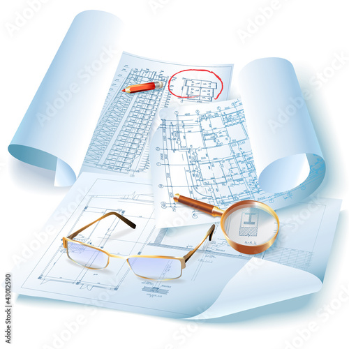 Architectural background with rolls of drawings