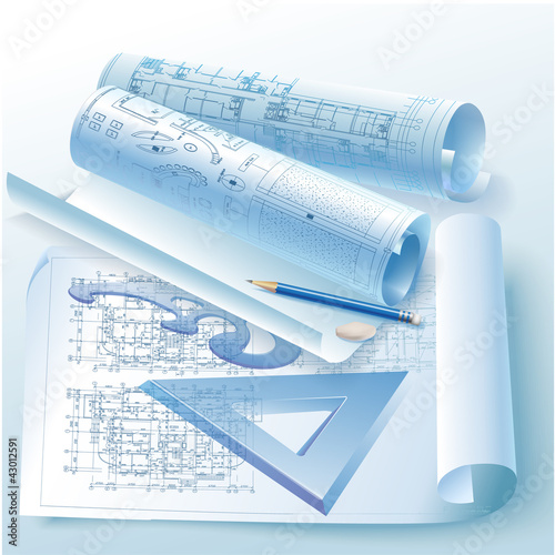 Architectural background with rolls of drawings