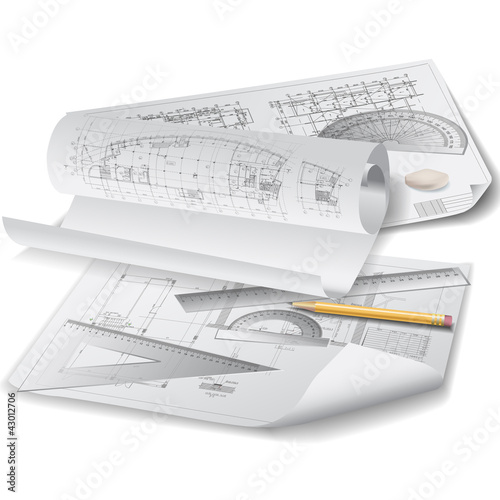 Architectural background with rolls of drawings