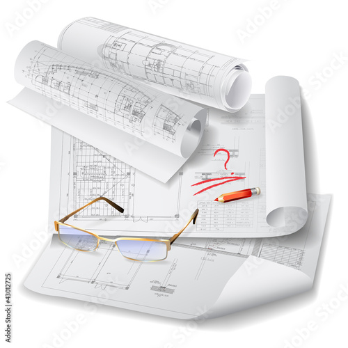 Architectural background with rolls of drawings