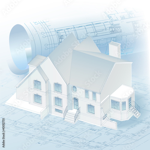 Architectural background with a 3D building model