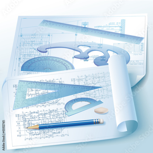 Architectural background with rolls of drawings