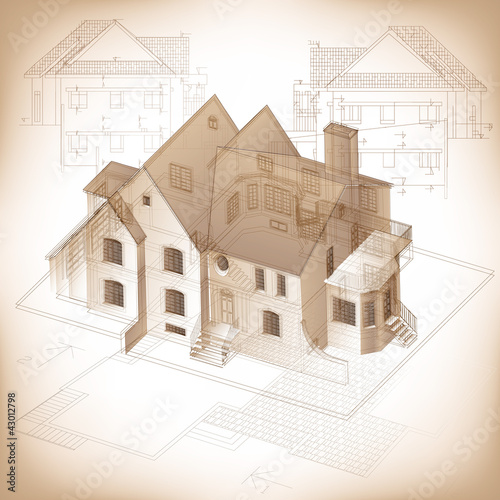Architectural background with a 3D building model