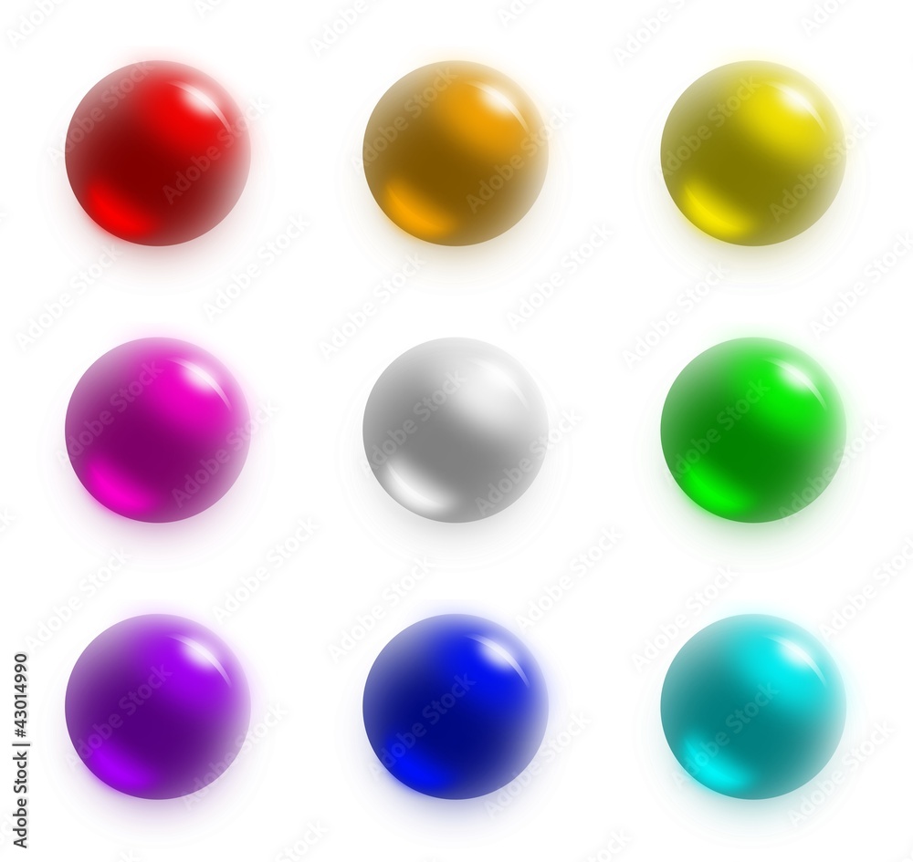 A set of 9 shiny balls in rainbow colors - red, orange, yellow, green, blue, indigo, purple, pink and white/grey. For websites or other uses.