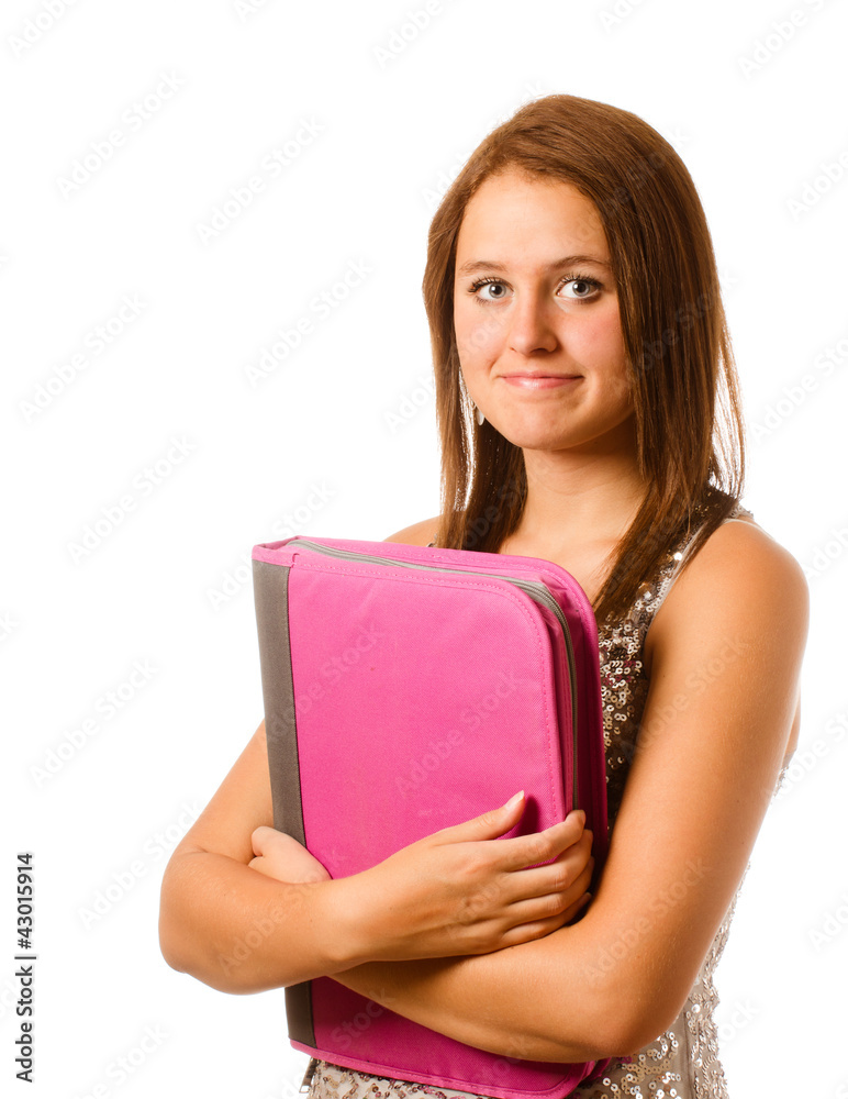 Portrait of nervous shy teenage girl with pink binder Portrait of nervous shy teenage girl with pink binder