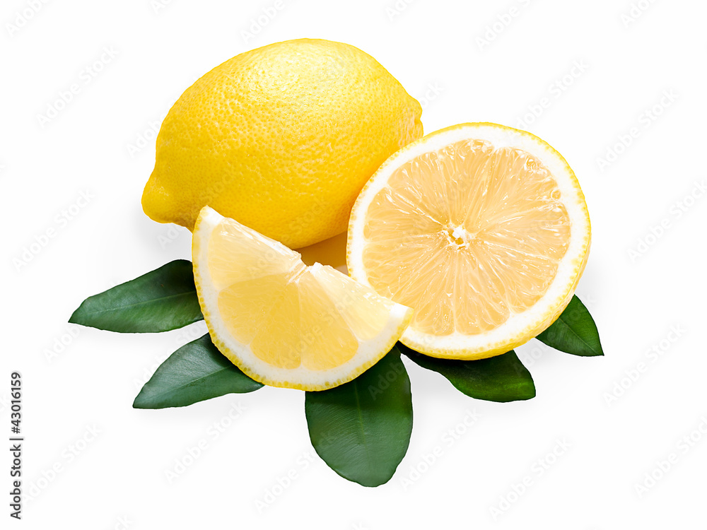 fresh lemon citrus with cut and green leaves isolated on white b