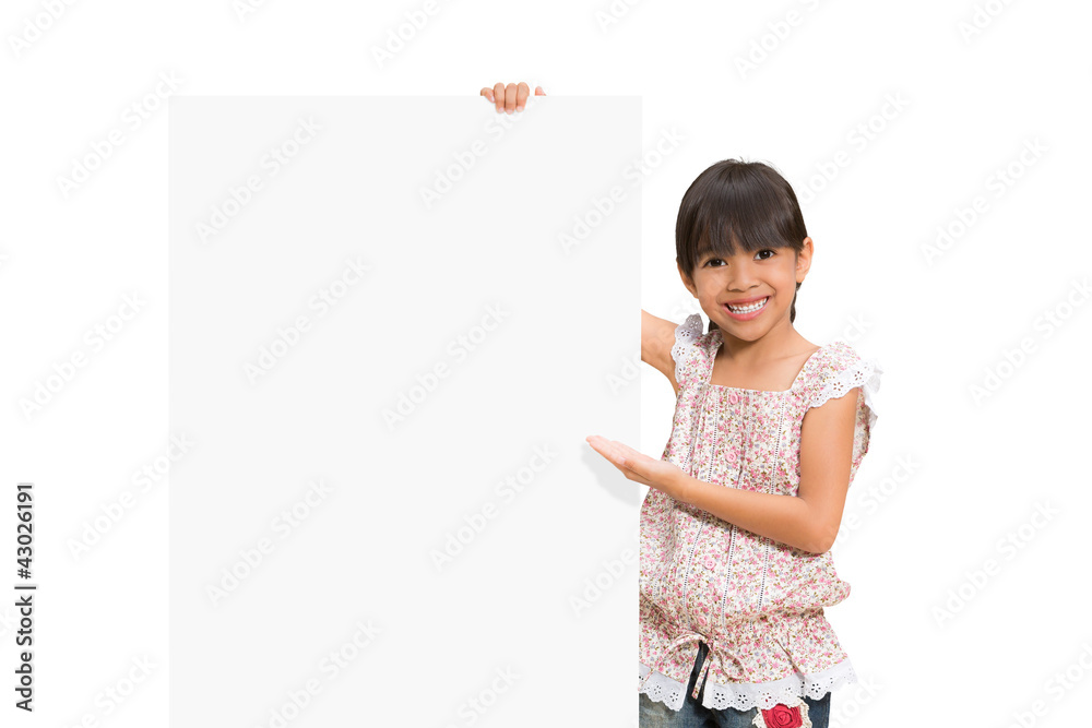 Little girl looking out of the blank sheet Little girl looking out of the blank sheet