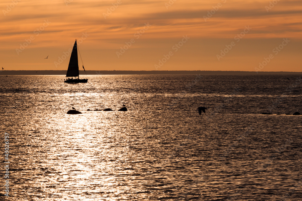 Fototapeta premium Sailing boat silhouette at sunset
