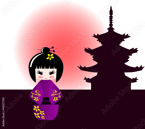 Kokeshi doll and japanese temple