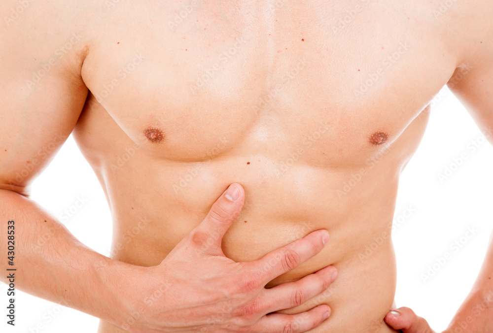 Man holding is stomach in pain, isolated on white background Man holding is stomach in pain, isolated on white background