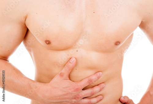 Man holding is stomach in pain, isolated on white background