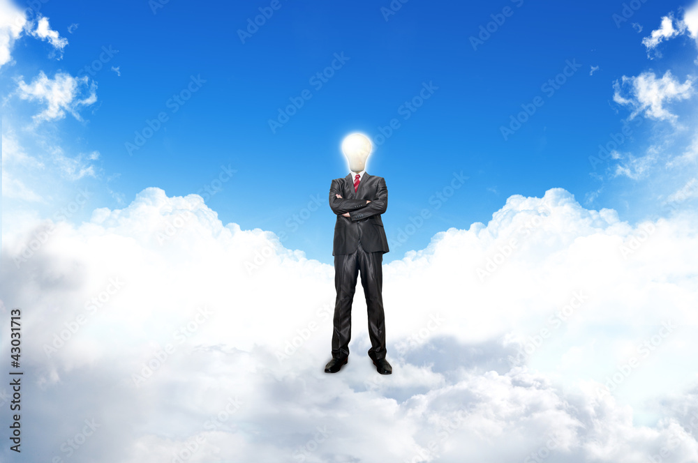 Young businessman with blub stand up on the clouds. Young businessman with blub stand up on the clouds.