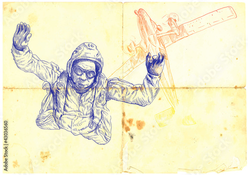parachutist jumped from a plane, hand drawing