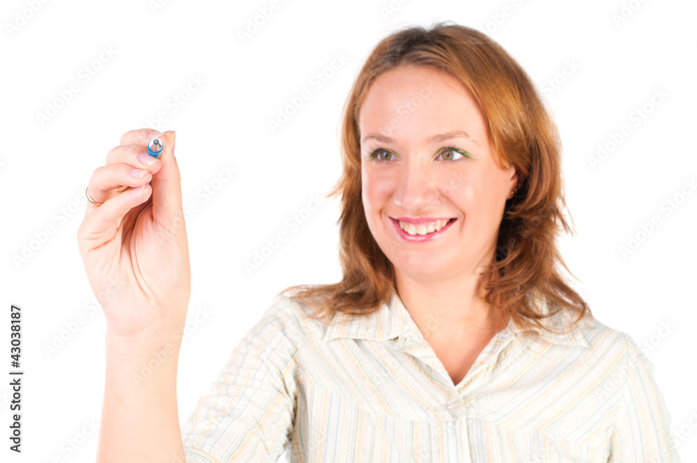 Young business woman writing on glass close up Young business woman writing on glass close up