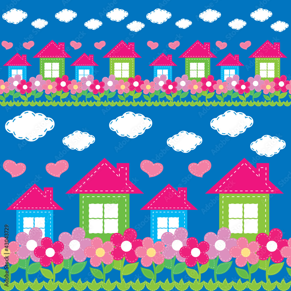 seamless pattern of the house, flowers, clouds