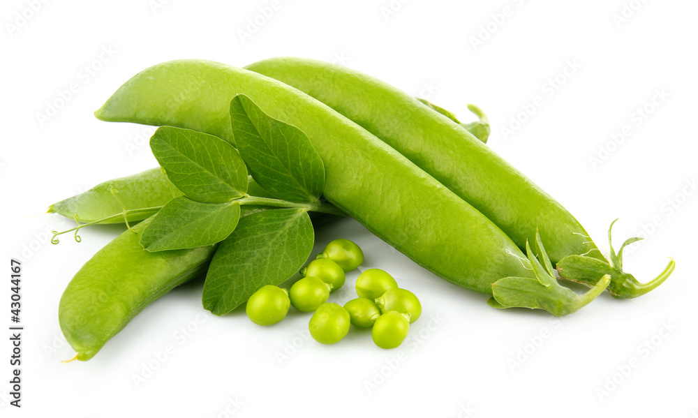 Heap pf green pea pods with leaves isolated on white Heap pf green pea pods with leaves isolated on white