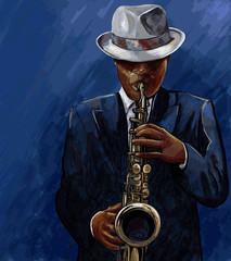 Wandcirkels Muziekband Saxofonist op blauwe achtergrond  © Isaxar