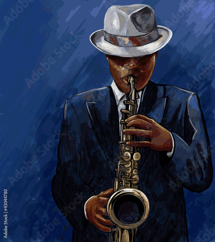 saxophonist playing saxophone on a blue background