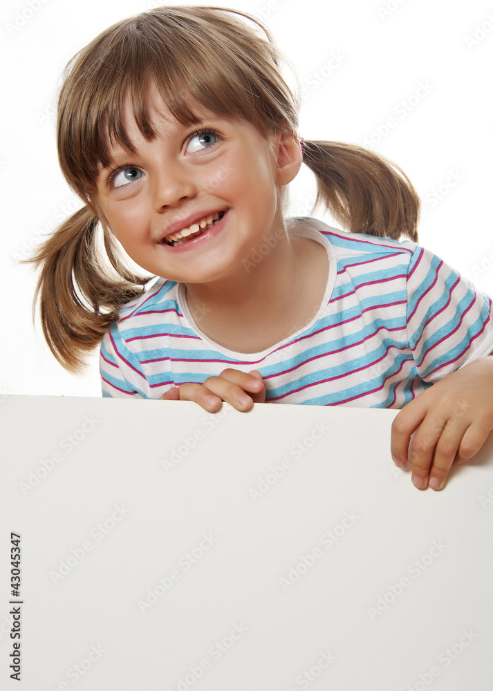 little girl with white blank with empty space little girl with white blank with empty space