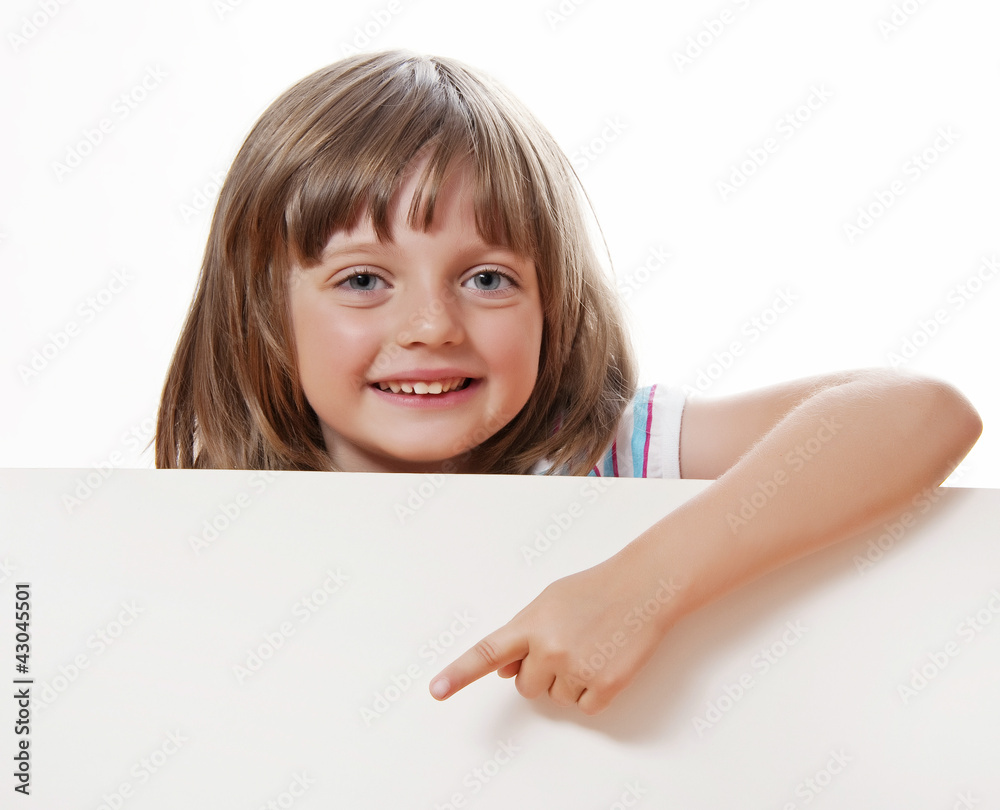 happy little girl holding white board with empty space for text happy little girl holding white board with empty space for text