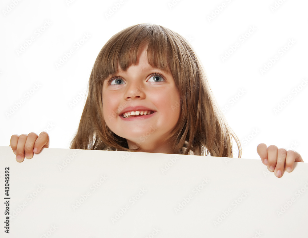 little girl holding white board with empty space little girl holding white board with empty space