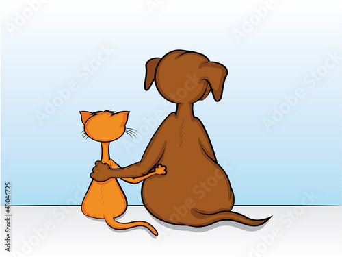 Dog and Cat Sitting with Arms Around Each Other