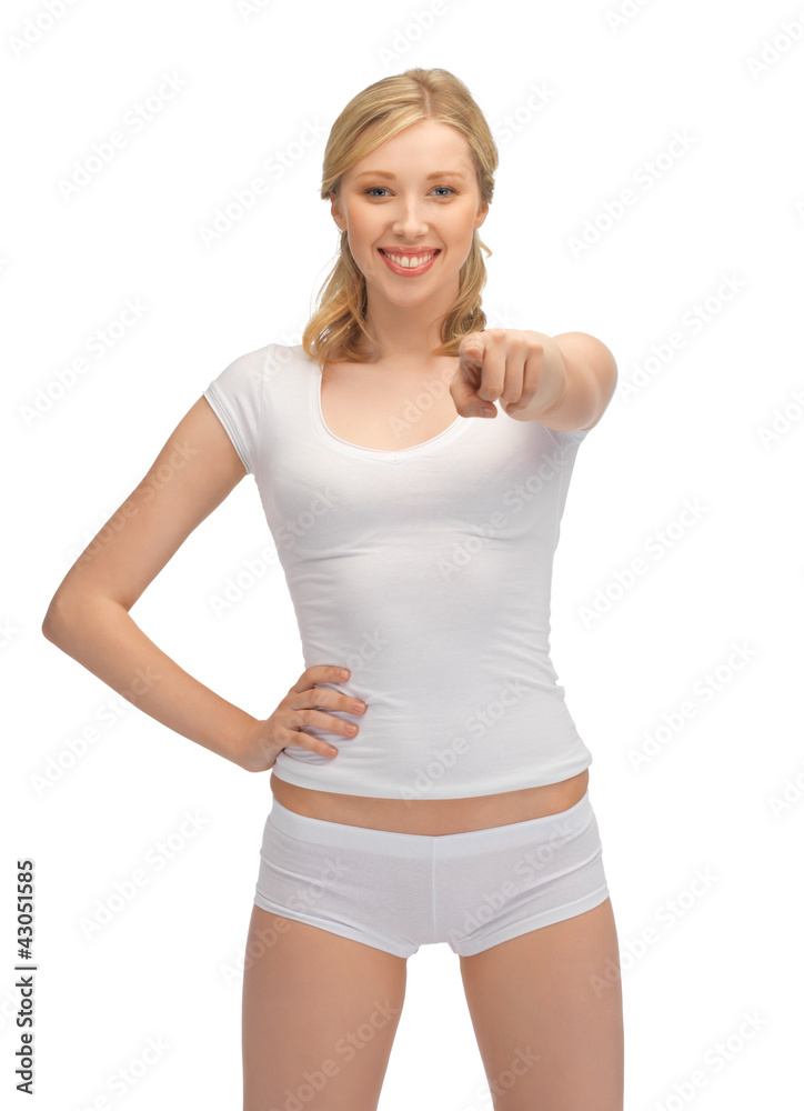 woman in cotton undrewear pointing her finger