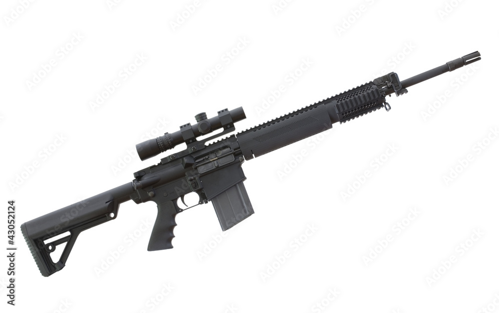 High powered AR with a telescopic sight attached isolated on a white background.