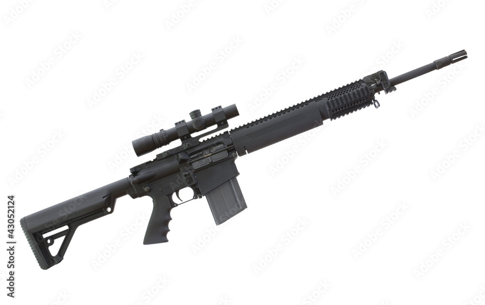 High powered AR with a telescopic sight attached isolated on a white background. High powered AR with a telescopic sight attached isolated on a white background.