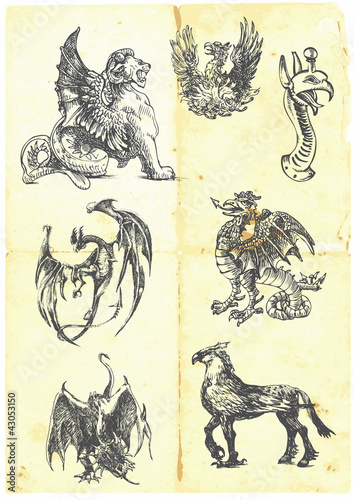 A large series of mystical dragons on an old sheet of paper