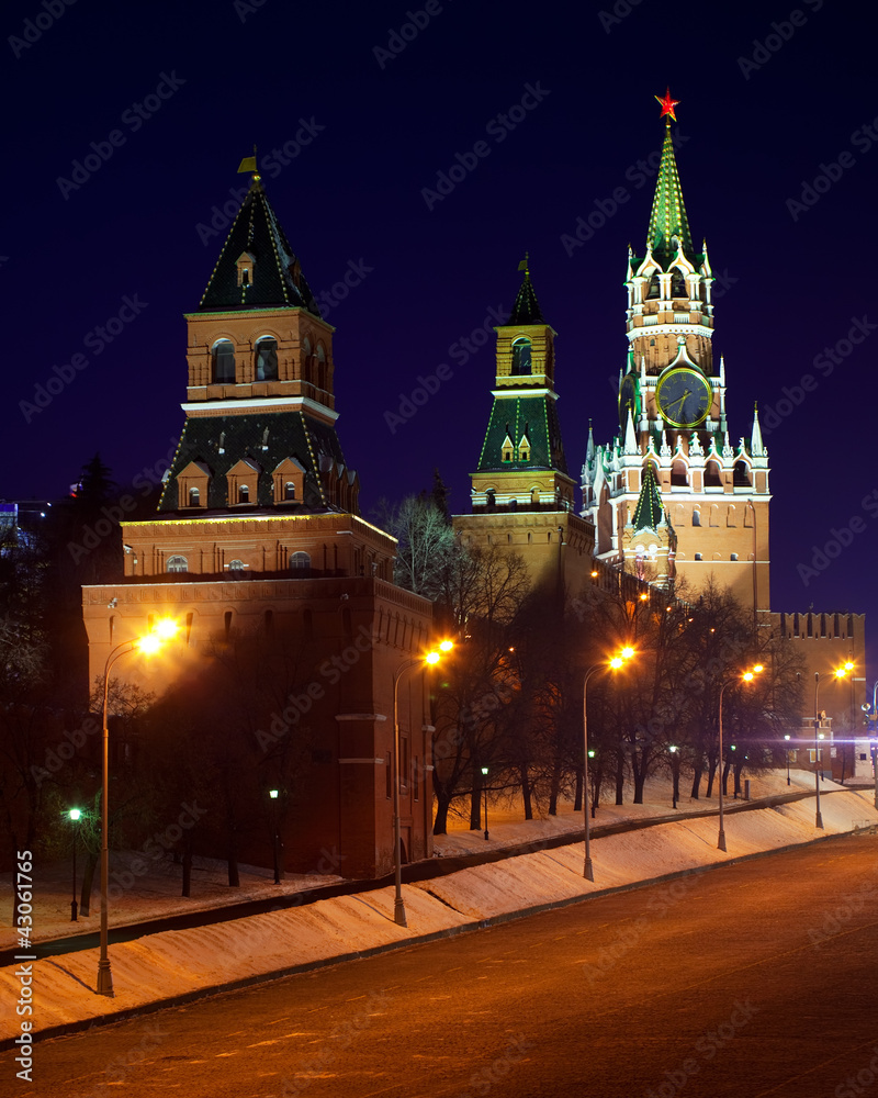 Moscow Kremlin towers in winter night