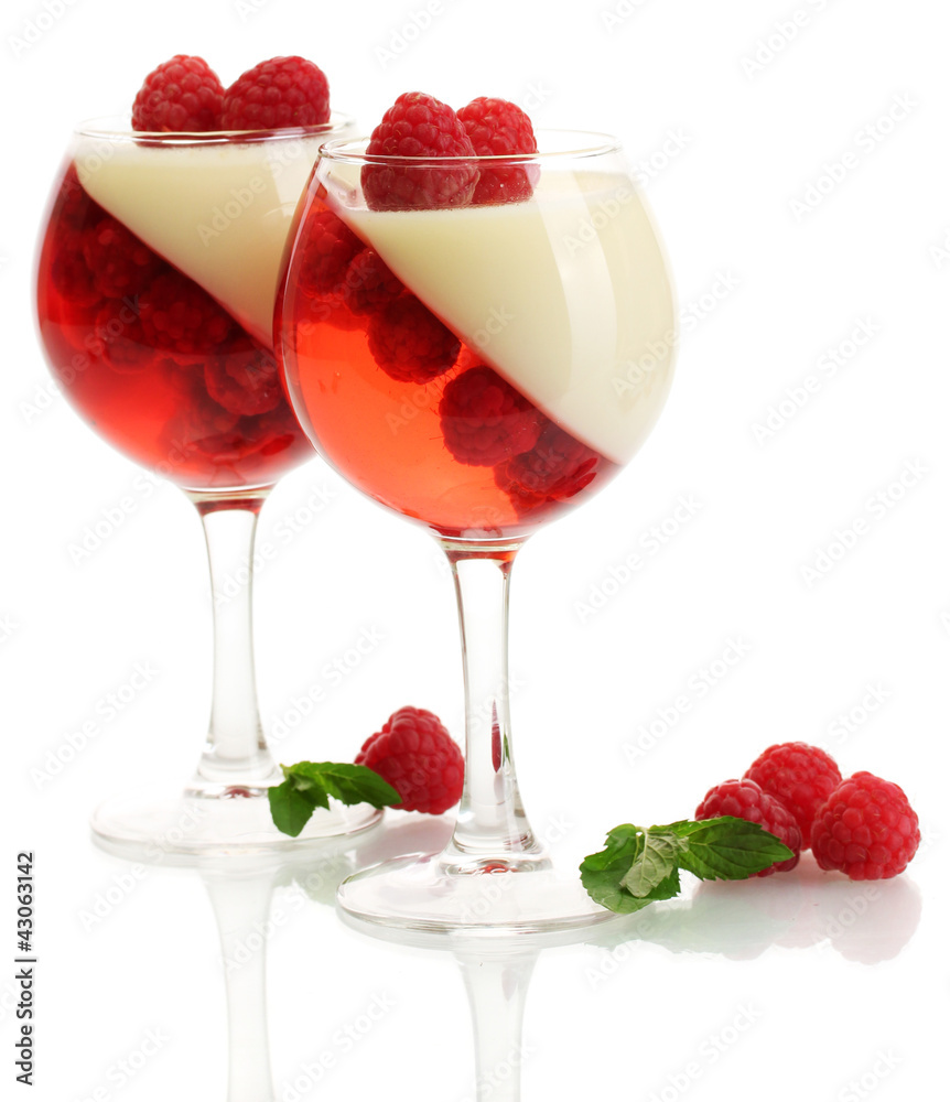 fruit jelly with raspberries in glasses isolated on white fruit jelly with raspberries in glasses isolated on white