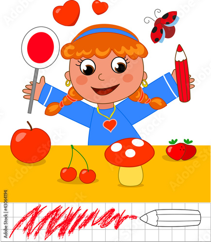 Bambina con oggetti rossi, illustrazione educativa sui colori