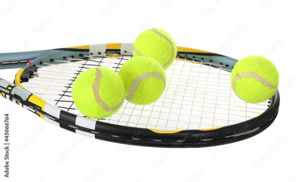 tennis rackets and balls, close-up, isolated