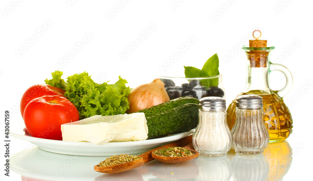 Ingredients for a Greek salad isolated on white background Ingredients for a Greek salad isolated on white background